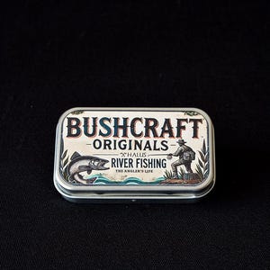 Puede incluir: Una lata de plata con una etiqueta que dice "Bushcraft Originals - Hallus River Fishing - The Angler's Life". La etiqueta presenta una ilustración de dibujos animados de un pescador con una caña de pescar y un pez saltando fuera del agua.