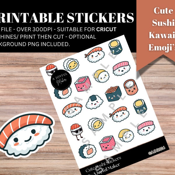Cute Sushi Kawaii Printable Stickers/ PNG/ Print At Home/ Cricut File/ Planner Stickers/ Kawaii