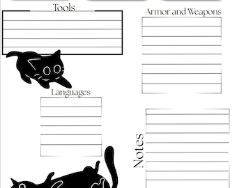 漫画猫のD&Dキャラクターシート デジタルダウンロード