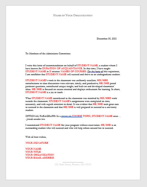 Letter Of Recommendation For Middle School Student