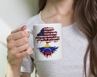 Hermoso Árbol Estados Unidos Venezuela Banderas Países Unión, Venezuela en USA, Venezolano nacido en USA Taza blanca brillante