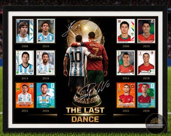 Plantilla editable de Canva "El último baile de Messi y Ronaldo" / Póster de fútbol imprimible / Plantilla de póster CR7 / Cronología de 6 Copas del Mundo / Plantilla editable de Canva