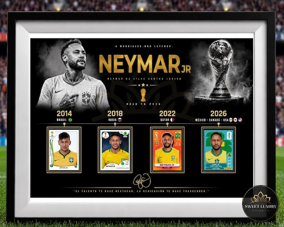 World cup cromos Neymar cuadro Editable CR7 Deluxe XL | Neymar Poster PNG | 4World Cups Timeline | Neymar wall art  Canva Editable