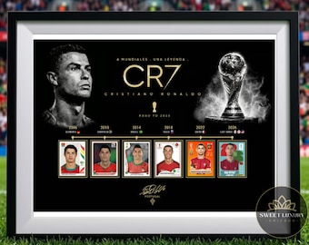 El último mundial cromos Ronaldo cuadro Editable CR7 Deluxe XL / Plantilla de póster de Ronaldo / Cronología de 6 Mundiales / Fútbol editable en Canva