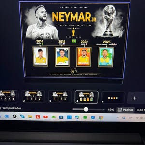 May include: A digital graphic poster featuring Neymar Jr. with the text NEYMAR JR, NEYMAR DA SILVA SANTOS JUNIOR, and a timeline of the years 2014, 2018, 2022, and 2026. It includes four individual player cards and a World Cup trophy image.