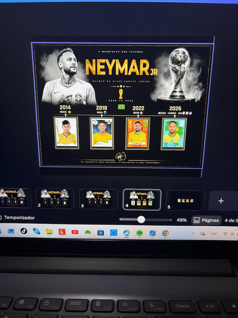May include: A digital graphic poster featuring Neymar Jr. with the text NEYMAR JR, NEYMAR DA SILVA SANTOS JUNIOR, and a timeline of the years 2014, 2018, 2022, and 2026. It includes four individual player cards and a World Cup trophy image.