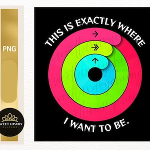 Könnte beinhalten: Eine digitale Grafik mit schwarzem Hintergrund zeigt drei konzentrische Ringe in Pink, Grün und Blau, mit Pfeilen und dem Text „THIS IS EXACTLY WHERE I WANT TO BE“. Auf der linken Seite befindet sich eine goldene und weiße PNG-Grafik.