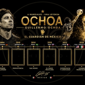 May include: A black poster featuring Guillermo Ochoa with gold text reading 6 MUNDIALES - UNA LEYENDA OCHOA GUILLERMO OCHOA EL GUARDI&Aacute;N DE M&Eacute;XICO. It displays six empty frames labeled with years from 2006 to 2026, a soccer ball, the World Cup trophy, and a signature.