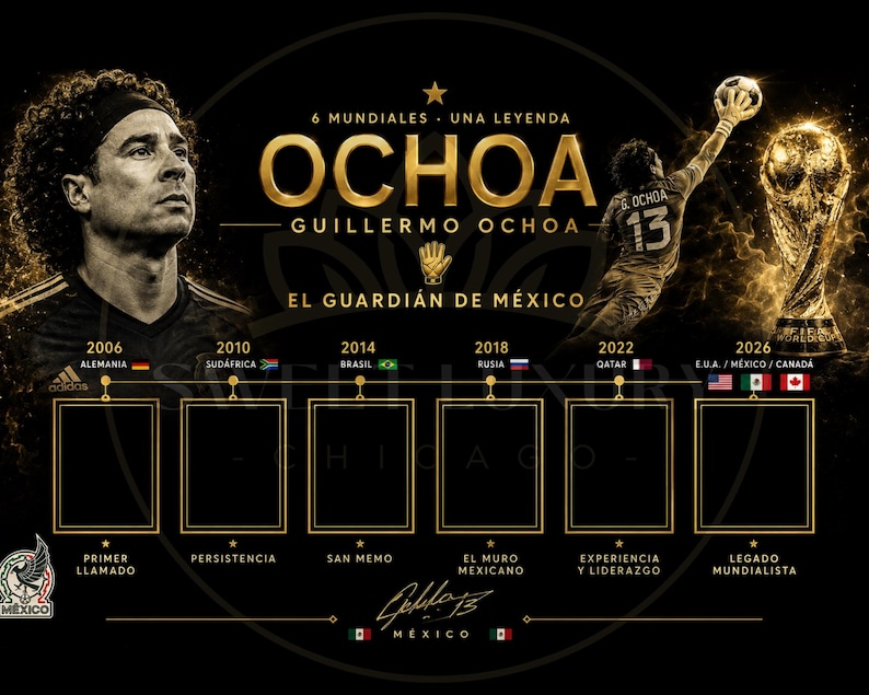 May include: A black poster featuring Guillermo Ochoa with gold text reading 6 MUNDIALES - UNA LEYENDA OCHOA GUILLERMO OCHOA EL GUARDI&Aacute;N DE M&Eacute;XICO. It displays six empty frames labeled with years from 2006 to 2026, a soccer ball, the World Cup trophy, and a signature.