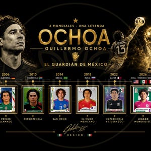 May include: A black and gold commemorative poster featuring Guillermo Ochoa, displaying his six World Cup appearances from 2006 to 2026. The design includes his portrait, a silhouette making a save, the FIFA World Cup trophy, and six individual player cards.