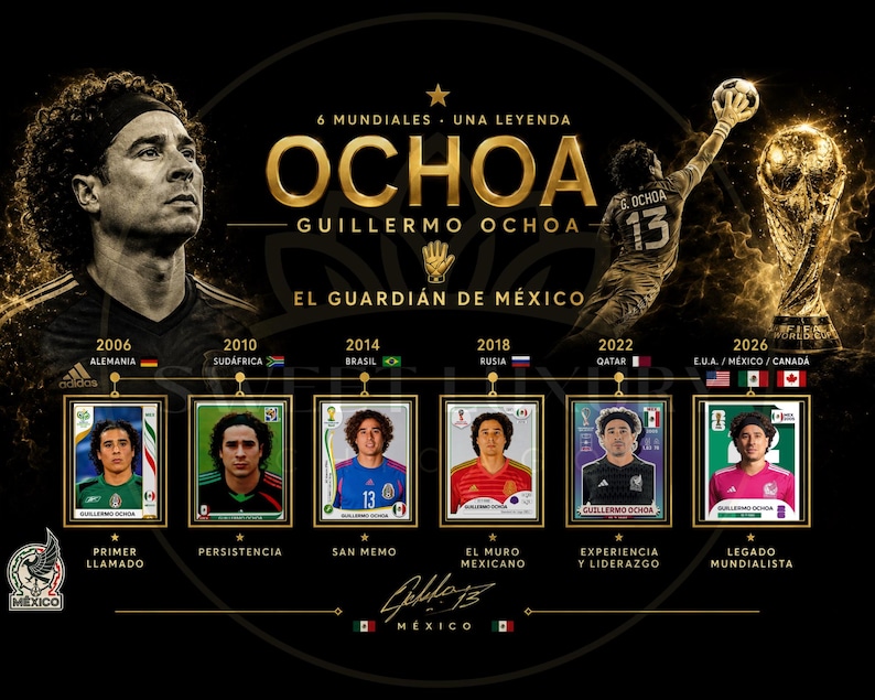 May include: A black and gold commemorative poster featuring Guillermo Ochoa, displaying his six World Cup appearances from 2006 to 2026. The design includes his portrait, a silhouette making a save, the FIFA World Cup trophy, and six individual player cards.