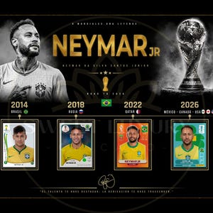 May include: A black poster featuring a portrait of Neymar Jr, the FIFA World Cup trophy, and four football trading cards representing the years 2014, 2018, 2022, and 2026. The text includes NEYMAR JR, ROAD TO 2026, and various country names and flags.