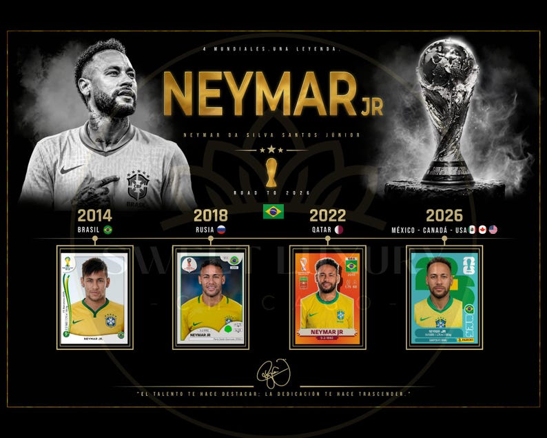 May include: A black poster featuring a portrait of Neymar Jr, the FIFA World Cup trophy, and four football trading cards representing the years 2014, 2018, 2022, and 2026. The text includes NEYMAR JR, ROAD TO 2026, and various country names and flags.
