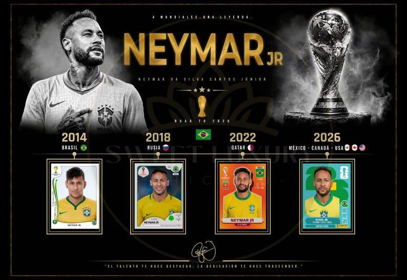 May include: A black and gold poster featuring Neymar Jr, the FIFA World Cup trophy, and four football stickers from 2014, 2018, 2022, and 2026. The text includes NEYMAR JR, NEYMAR DA SILVA SANTOS JUNIOR, ROAD TO 2026, and EL TALENTO TE HACE DESTACAR.