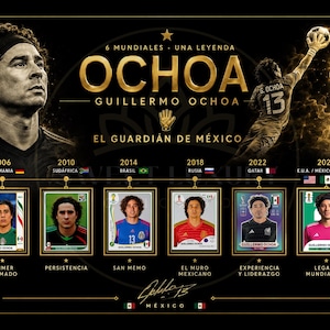 May include: A black poster featuring Guillermo Ochoa with gold text reading 6 MUNDIALES UNA LEYENDA OCHOA GUILLERMO OCHOA EL GUARDIAN DE MEXICO. It displays six soccer trading cards representing his participation in World Cups from 2006 to 2026.