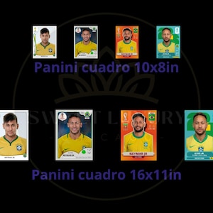 May include: Eight Panini football stickers featuring Neymar Jr. in a yellow Brazil jersey, arranged in two rows. The top row is labelled Panini cuadro 10x8in and the bottom row is labelled Panini cuadro 16x11in, with various colourful borders.