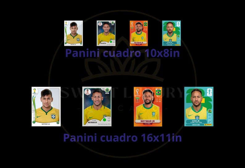 May include: Eight Panini football stickers featuring Neymar Jr. in a yellow Brazil jersey, arranged in two rows. The top row is labelled Panini cuadro 10x8in and the bottom row is labelled Panini cuadro 16x11in, with various colourful borders.