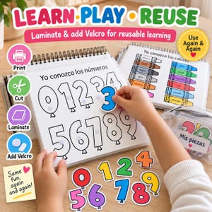 Puede incluir: Un libro de actividades educativas con espiral que presenta páginas con números y colores en español. Las páginas incluyen contornos para emparejar recortes coloridos de números y crayones usando velcro.