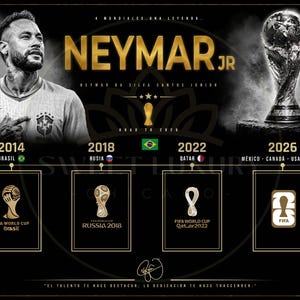 May include: A black and gold graphic poster featuring Neymar Jr. on the left and the FIFA World Cup trophy on the right. Below, a timeline displays the 2014, 2018, 2022, and 2026 World Cup logos with their respective host countries and flags.