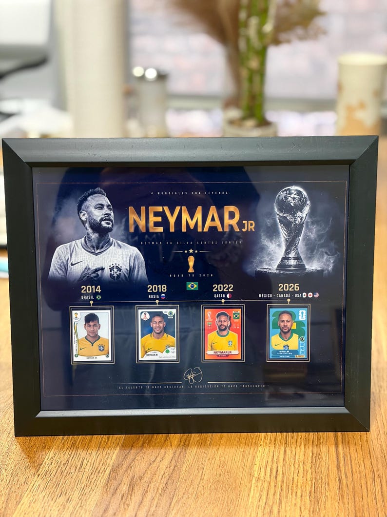 May include: A black framed print featuring a portrait of Neymar Jr. and a graphic of the World Cup trophy. Below are four football trading cards representing the years 2014, 2018, 2022, and 2026, each labelled with the host country and the Brazilian flag.