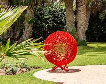 Sphere sculpture-metal sculpture-steel sculpture-handmade sculpture-yard sculpture-outdoor sculpture-garden sculpture-sculpture-red orb