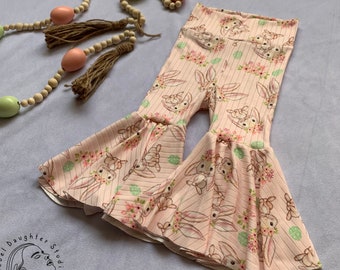 Easter Bunny & Egg Baby Bell Bottoms | Toddler Easter Bell Bottoms | Pink, Ribbed, Floral Baby Pants | Cute Kids Easter Outfit | Photoshoot