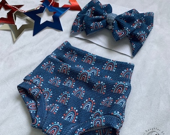 4th of July Rainbow Baby Bummies & Bow Head Wrap | Red, White, Blue Bummies | Independence Day Outfit | Baby girls Shorts | Patriotic, USA