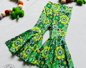 St. Patricks Day Groovy Green Floral Baby & Toddler Bell Bottoms | 70s Style Flower Pants | St. Paddy&#39;s Day Kids Outfit | Luck of the Irish