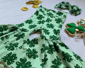 St. Patricks Day Ribbed Green Leopard Four Leaf Clover Baby & Toddler Bell Bottoms and Bow Head Wrap | Shamrocks | Lucky Baby Outfit | Irish