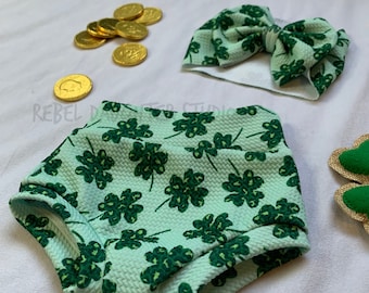 St. Patricks Day Green Leopard Four Leaf Clover Baby Bummies & Bow Head Wrap | St. Pattys Day Baby Outfit | Shamrocks, Irish, One Lucky Baby