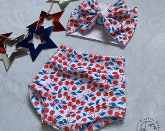 4th of July Cherries Bummie & Bow Head Wrap | Red, White and Blue Baby Outfit | Patriotic, American, USA | Summer Shorts | Independence Day
