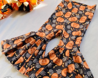 Jack-O-Lantern Baby & Toddler Bell Bottoms | Halloween Bell Bottoms| Pumpkins, Creepy Eyes, Spiderwebs | Baby Halloween Outfit | Black Bells