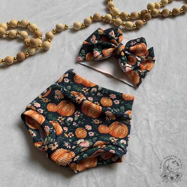 Fall Pumpkins & Flowers Baby Bummie and Bow Head Wrap | Autumn Baby Outfit | Pumpkin Baby Bow | Floral Bummies | Green, Orange, Pink, Blue