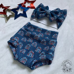 4th of July Rainbow Baby Bummies & Bow Head Wrap | Red, White, Blue Bummies | Independence Day Outfit | Baby girls Shorts | Patriotic, USA
