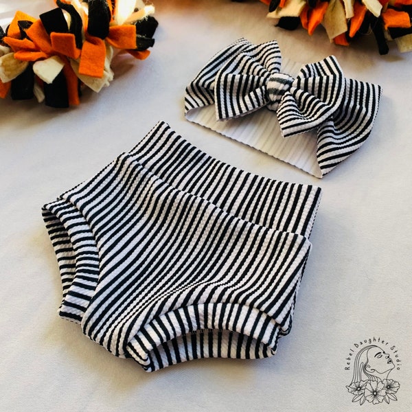 Jack Stripes Baby Bummies & Bow Head Wrap | Halloween Outfit| Black, White Vertical Striped Bummies | Girls, Boys Skeleton Jack Baby Costume