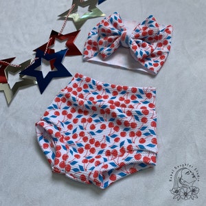 4th of July Cherries Bummie & Bow Head Wrap | Red, White and Blue Baby Outfit | Patriotic, American, USA | Summer Shorts | Independence Day