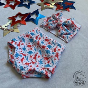 4th of July Dinosaur Bummies & Bow Head Wrap | Patriotic Baby Outfit | Red, White and Blue | Baby Girls Baby Boys Bummies | Independence Day