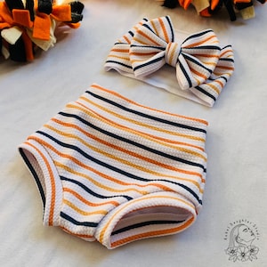 Halloween Stripes Baby Bummies & Bow Head Wrap | White, Orange, Yellow, Black Stripes | Baby Fall, Halloween Outfit | Striped Baby Bummies