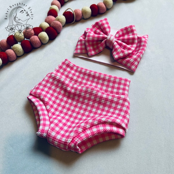 Valentines Day Pink and White Gingham Bummies & Bow Head Wrap | Baby Valentines Day Outfit | Baby's First Valentines Day | Valentines Photos