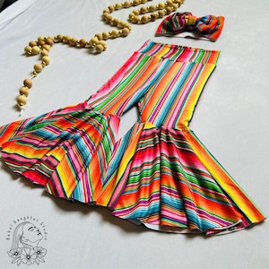 Serape Baby & Kleinkind Schlaghose und Schleife Kopftuch | Sarape Kinderhose | Viva Mexiko | Cinco De Mayo Outfit | Bunt, Groovy, Fiesta Uno