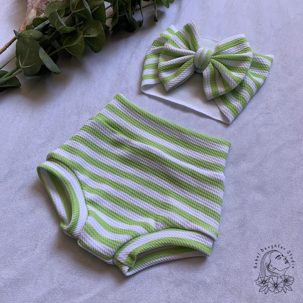 Green and White Striped Baby Bummies & Bow Head Wrap | Summer Baby Girl Outfit | Light Green and White | Baby Beach Set | Striped Baby Bow