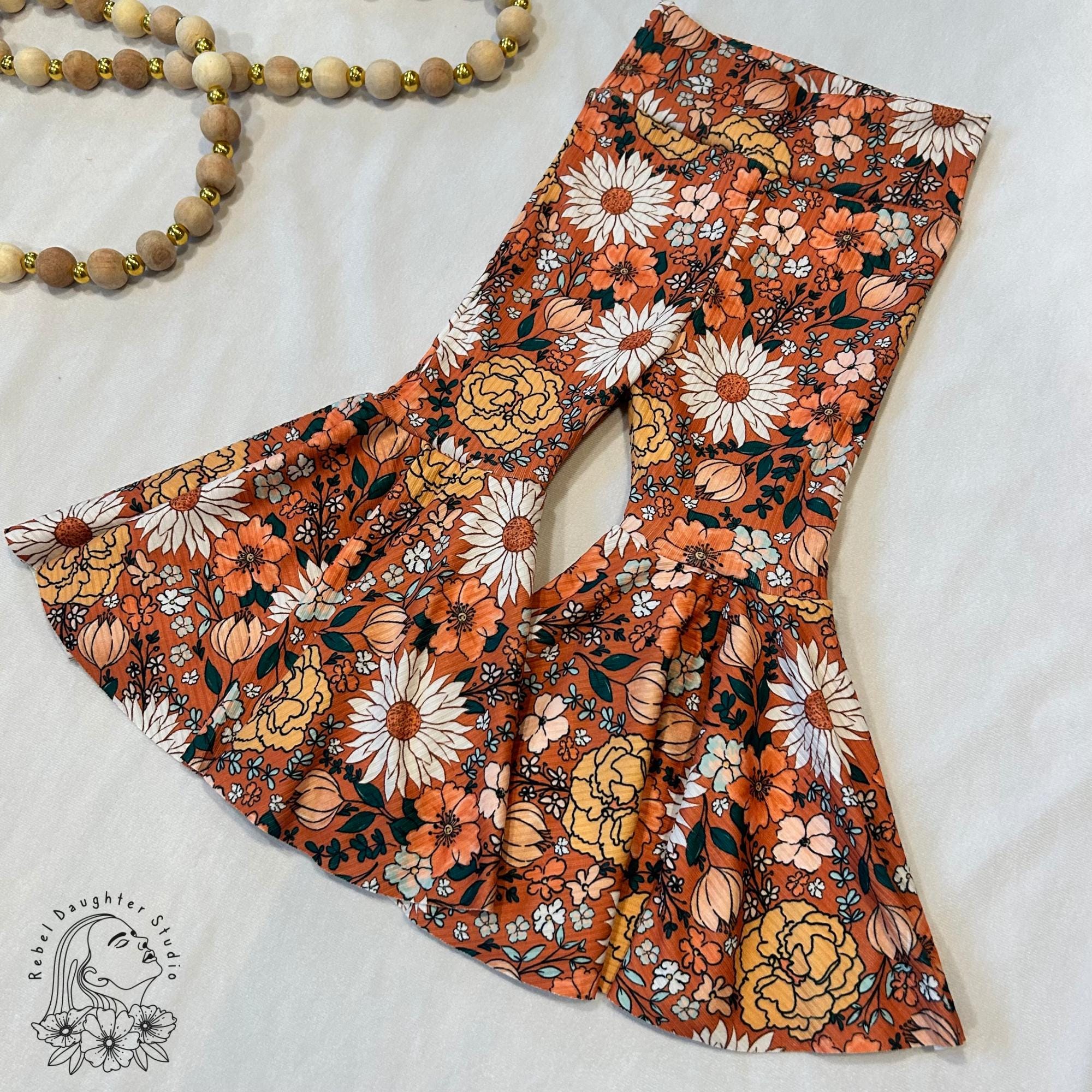 Burnt Orange Floral Baby & Toddler Bell Bottoms Kids Ribbed Spring Bell Bottoms Groovy Flared Pants Hydrangeas, Wildflowers, Tulips