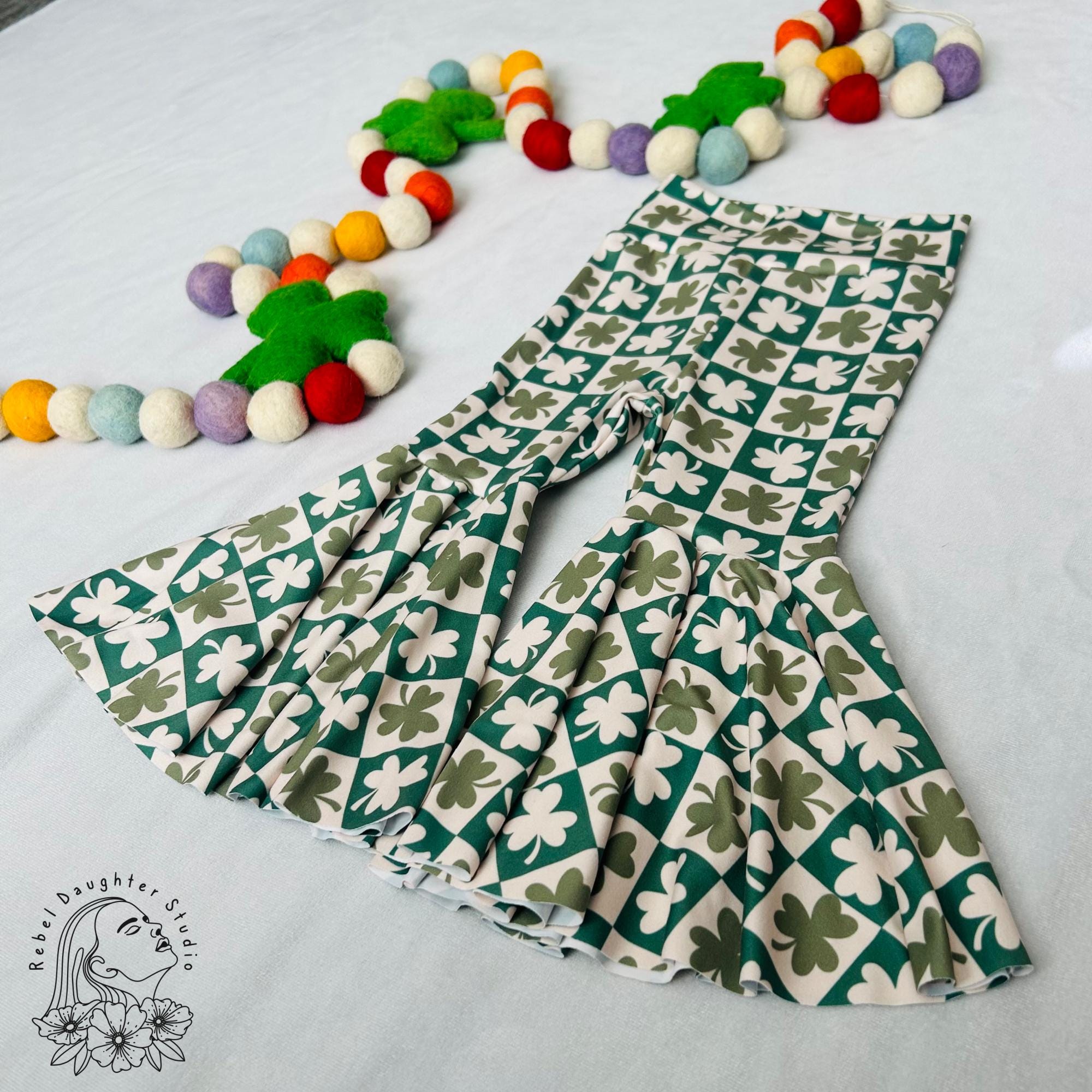 St. Patrick's Day Mod Checkered Green Shamrock Baby & Toddler Bell Bottoms Groovy St. Paddy's Day Kids Flared Pants Irish, Lucky Clover
