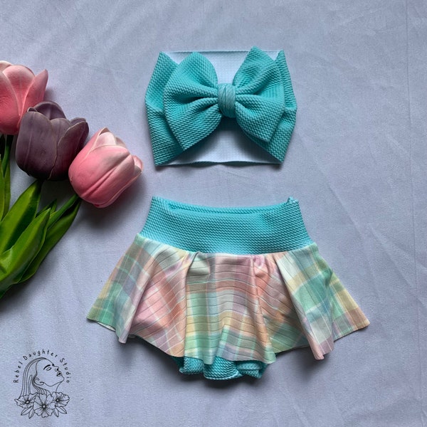 Ostern Baby Bummie & Schleife Kopftuch | Baby Rock kariert Ostern | Oster Outfit | Pastell Baby Skort | Oster Fotoshooting