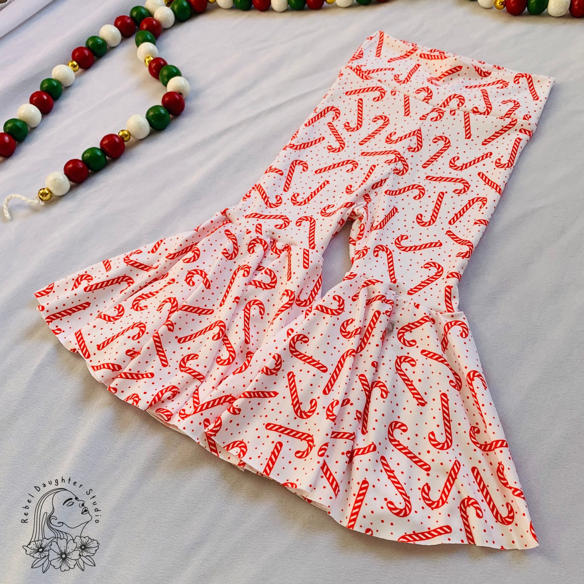 Christmas Candy Canes and Polka Dots Baby & Toddler Bell Bottoms Trendy Baby Outfit Festive Toddler Pants Red and White Candy Canes
