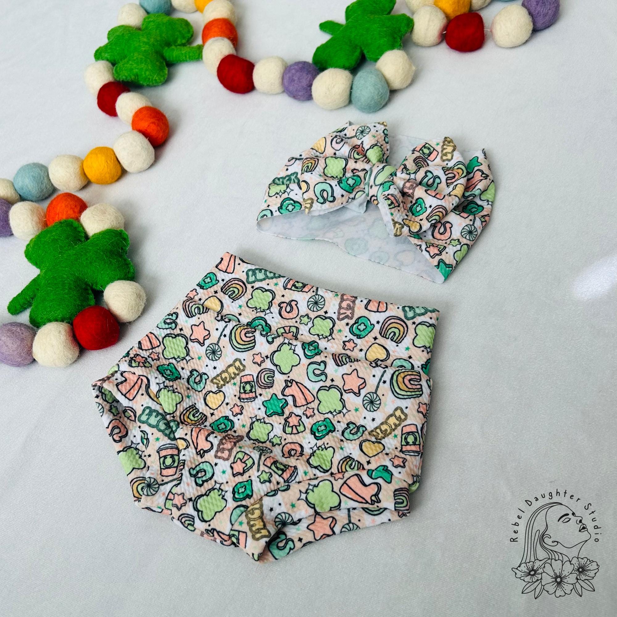 St. Patricks Day Lucky Baby Bummies & Bow Head Wrap | Charms, Rainbows, Hearts, Horseshoes, Coffees, Lollipops, Shamrocks, Stars | Checkers