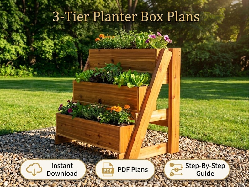 Planos para jardinera de 3 niveles en PDF / Guía de construcción de carpintería para bricolaje / Soporte para plantas de jardín vertical de varios niveles imagen 6