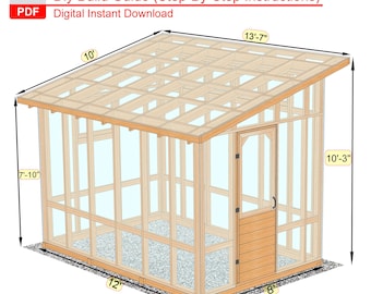 May include: An illustration of an 8x12 greenhouse plan. The structure is made of wood and glass, with dimensions labeled in feet and inches. The text "8x12 Greenhouse Plans" and "Diy Build Guide" are visible. The plan is a digital instant download.