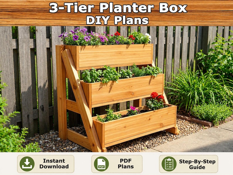 Planos para jardinera de 3 niveles en PDF / Guía de construcción de carpintería para bricolaje / Soporte para plantas de jardín vertical de varios niveles imagen 2