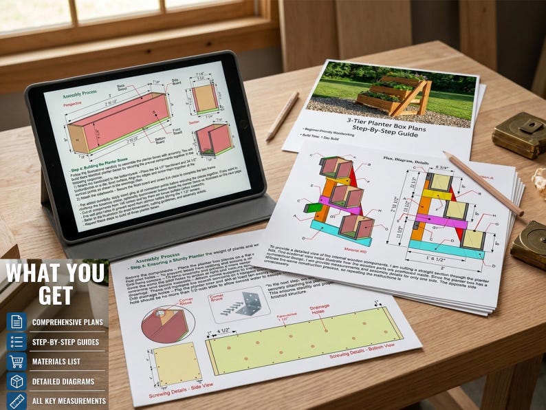 Planos para jardinera de 3 niveles en PDF / Guía de construcción de carpintería para bricolaje / Soporte para plantas de jardín vertical de varios niveles imagen 7